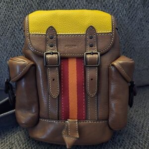 Coach Brown Leather Messenger Bag with Yellow Top and Red-Orange Stripe